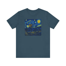 Load image into Gallery viewer, Starry Ride, Vintage Cruiser Bike T-Shirt Van Gogh Inspired Night Sky Art Tee Vintage Art, Cycling, Gift for Art Lovers, Perfect for Summer