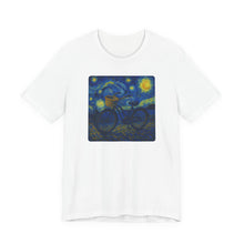 Load image into Gallery viewer, Starry Ride, Vintage Cruiser Bike T-Shirt Van Gogh Inspired Night Sky Art Tee Vintage Art, Cycling, Gift for Art Lovers, Perfect for Summer