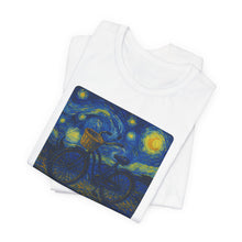 Load image into Gallery viewer, Starry Ride, Vintage Cruiser Bike T-Shirt Van Gogh Inspired Night Sky Art Tee Vintage Art, Cycling, Gift for Art Lovers, Perfect for Summer