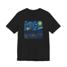 Load image into Gallery viewer, Starry Ride, Vintage Cruiser Bike T-Shirt Van Gogh Inspired Night Sky Art Tee Vintage Art, Cycling, Gift for Art Lovers, Perfect for Summer