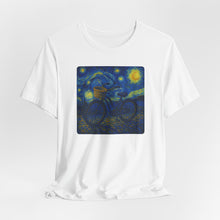 Load image into Gallery viewer, Starry Ride, Vintage Cruiser Bike T-Shirt Van Gogh Inspired Night Sky Art Tee Vintage Art, Cycling, Gift for Art Lovers, Perfect for Summer