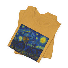 Load image into Gallery viewer, Starry Ride, Vintage Cruiser Bike T-Shirt Van Gogh Inspired Night Sky Art Tee Vintage Art, Cycling, Gift for Art Lovers, Perfect for Summer