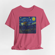 Load image into Gallery viewer, Starry Ride, Vintage Cruiser Bike T-Shirt Van Gogh Inspired Night Sky Art Tee Vintage Art, Cycling, Gift for Art Lovers, Perfect for Summer