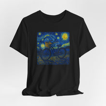 Load image into Gallery viewer, Starry Ride, Vintage Cruiser Bike T-Shirt Van Gogh Inspired Night Sky Art Tee Vintage Art, Cycling, Gift for Art Lovers, Perfect for Summer