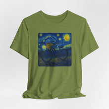 Load image into Gallery viewer, Starry Ride, Vintage Cruiser Bike T-Shirt Van Gogh Inspired Night Sky Art Tee Vintage Art, Cycling, Gift for Art Lovers, Perfect for Summer