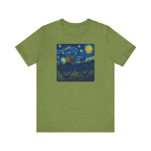 Load image into Gallery viewer, Starry Ride, Vintage Cruiser Bike T-Shirt Van Gogh Inspired Night Sky Art Tee Vintage Art, Cycling, Gift for Art Lovers, Perfect for Summer
