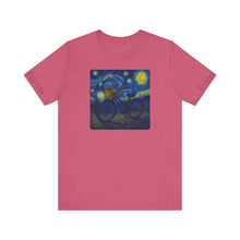 Load image into Gallery viewer, Starry Ride, Vintage Cruiser Bike T-Shirt Van Gogh Inspired Night Sky Art Tee Vintage Art, Cycling, Gift for Art Lovers, Perfect for Summer
