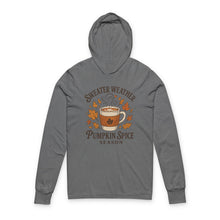 Load image into Gallery viewer, Sweater Weather Pumpkin Spice Hoodie, Cozy Fall Apparel, Unisex Long Sleeve Tee, Autumn Fashion, Gift for Coffee Lovers