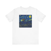 Load image into Gallery viewer, Starry Ride, Vintage Cruiser Bike T-Shirt Van Gogh Inspired Night Sky Art Tee Vintage Art, Cycling, Gift for Art Lovers, Perfect for Summer