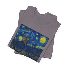 Load image into Gallery viewer, Starry Ride, Vintage Cruiser Bike T-Shirt Van Gogh Inspired Night Sky Art Tee Vintage Art, Cycling, Gift for Art Lovers, Perfect for Summer