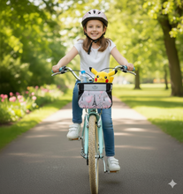 Load image into Gallery viewer, Tote & Kari Kids Bike Basket with Cup Holder ∣ Waterproof & Durable Accessories ∣ Children's Front Handlebar Bag ∣ Rugged Zipper Pocket, Fits Girls, Boys, Kids & Adult Bicycles & Scooters Unicorn, Space, Axolotl, Paris Patterns