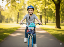 Load image into Gallery viewer, Tote & Kari Kids Bike Basket with Cup Holder ∣ Waterproof & Durable Accessories ∣ Children's Front Handlebar Bag ∣ Rugged Zipper Pocket, Fits Girls, Boys, Kids & Adult Bicycles & Scooters Unicorn, Space, Axolotl, Paris Patterns