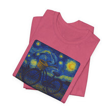 Load image into Gallery viewer, Starry Ride, Vintage Cruiser Bike T-Shirt Van Gogh Inspired Night Sky Art Tee Vintage Art, Cycling, Gift for Art Lovers, Perfect for Summer

