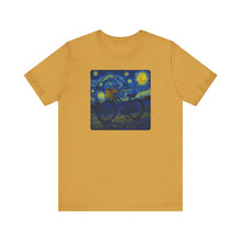 Load image into Gallery viewer, Starry Ride, Vintage Cruiser Bike T-Shirt Van Gogh Inspired Night Sky Art Tee Vintage Art, Cycling, Gift for Art Lovers, Perfect for Summer
