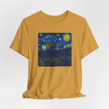 Load image into Gallery viewer, Starry Ride, Vintage Cruiser Bike T-Shirt Van Gogh Inspired Night Sky Art Tee Vintage Art, Cycling, Gift for Art Lovers, Perfect for Summer
