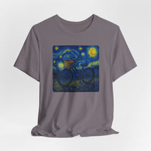 Load image into Gallery viewer, Starry Ride, Vintage Cruiser Bike T-Shirt Van Gogh Inspired Night Sky Art Tee Vintage Art, Cycling, Gift for Art Lovers, Perfect for Summer
