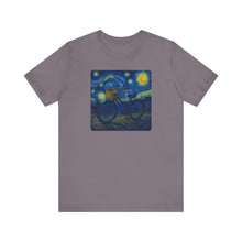 Load image into Gallery viewer, Starry Ride, Vintage Cruiser Bike T-Shirt Van Gogh Inspired Night Sky Art Tee Vintage Art, Cycling, Gift for Art Lovers, Perfect for Summer
