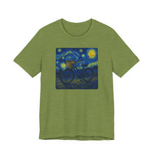 Load image into Gallery viewer, Starry Ride, Vintage Cruiser Bike T-Shirt Van Gogh Inspired Night Sky Art Tee Vintage Art, Cycling, Gift for Art Lovers, Perfect for Summer
