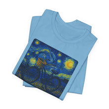 Load image into Gallery viewer, Starry Ride, Vintage Cruiser Bike T-Shirt Van Gogh Inspired Night Sky Art Tee Vintage Art, Cycling, Gift for Art Lovers, Perfect for Summer
