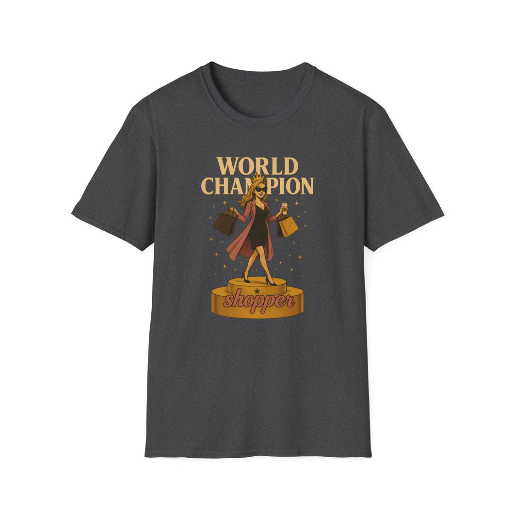 Crowned Fashionista Tee  World Champion Shopper Shirt, Gift for Women Who Love Shopping, Coffee & Sass