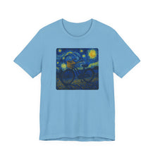 Load image into Gallery viewer, Starry Ride, Vintage Cruiser Bike T-Shirt Van Gogh Inspired Night Sky Art Tee Vintage Art, Cycling, Gift for Art Lovers, Perfect for Summer

