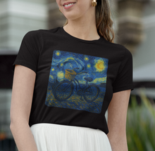 Load image into Gallery viewer, Starry Ride, Vintage Cruiser Bike T-Shirt Van Gogh Inspired Night Sky Art Tee Vintage Art, Cycling, Gift for Art Lovers, Perfect for Summer
