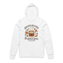 Load image into Gallery viewer, Sweater Weather Pumpkin Spice Hoodie, Cozy Fall Apparel, Unisex Long Sleeve Tee, Autumn Fashion, Gift for Coffee Lovers
