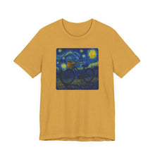 Load image into Gallery viewer, Starry Ride, Vintage Cruiser Bike T-Shirt Van Gogh Inspired Night Sky Art Tee Vintage Art, Cycling, Gift for Art Lovers, Perfect for Summer
