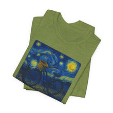 Load image into Gallery viewer, Starry Ride, Vintage Cruiser Bike T-Shirt Van Gogh Inspired Night Sky Art Tee Vintage Art, Cycling, Gift for Art Lovers, Perfect for Summer

