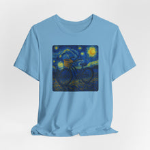 Load image into Gallery viewer, Starry Ride, Vintage Cruiser Bike T-Shirt Van Gogh Inspired Night Sky Art Tee Vintage Art, Cycling, Gift for Art Lovers, Perfect for Summer
