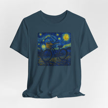 Load image into Gallery viewer, Starry Ride, Vintage Cruiser Bike T-Shirt Van Gogh Inspired Night Sky Art Tee Vintage Art, Cycling, Gift for Art Lovers, Perfect for Summer
