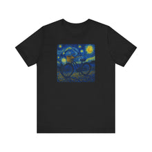 Load image into Gallery viewer, Starry Ride, Vintage Cruiser Bike T-Shirt Van Gogh Inspired Night Sky Art Tee Vintage Art, Cycling, Gift for Art Lovers, Perfect for Summer
