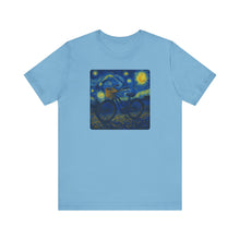 Load image into Gallery viewer, Starry Ride, Vintage Cruiser Bike T-Shirt Van Gogh Inspired Night Sky Art Tee Vintage Art, Cycling, Gift for Art Lovers, Perfect for Summer

