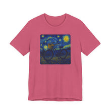 Load image into Gallery viewer, Starry Ride, Vintage Cruiser Bike T-Shirt Van Gogh Inspired Night Sky Art Tee Vintage Art, Cycling, Gift for Art Lovers, Perfect for Summer

