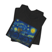 Load image into Gallery viewer, Starry Ride, Vintage Cruiser Bike T-Shirt Van Gogh Inspired Night Sky Art Tee Vintage Art, Cycling, Gift for Art Lovers, Perfect for Summer
