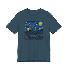 Load image into Gallery viewer, Starry Ride, Vintage Cruiser Bike T-Shirt Van Gogh Inspired Night Sky Art Tee Vintage Art, Cycling, Gift for Art Lovers, Perfect for Summer
