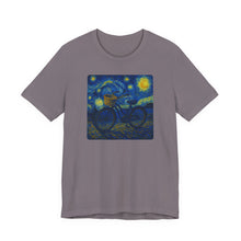 Load image into Gallery viewer, Starry Ride, Vintage Cruiser Bike T-Shirt Van Gogh Inspired Night Sky Art Tee Vintage Art, Cycling, Gift for Art Lovers, Perfect for Summer

