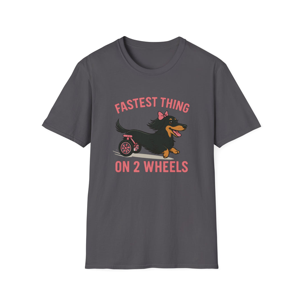 Fastest Thing on 2 Wheels - Funny Dachshund Unisex T-Shirt, Pet Lover Gift, Dog Owner Shirt, Animal Humor Tee, Cute Canine Apparel, IVDD pet