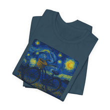 Load image into Gallery viewer, Starry Ride, Vintage Cruiser Bike T-Shirt Van Gogh Inspired Night Sky Art Tee Vintage Art, Cycling, Gift for Art Lovers, Perfect for Summer

