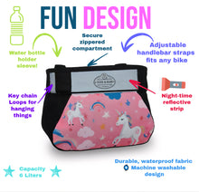 Load image into Gallery viewer, Tote &amp; Kari Kids Bike Basket with Cup Holder ∣ Waterproof &amp; Durable Accessories ∣ Children&#39;s Front Handlebar Bag ∣ Rugged Zipper Pocket, Fits Girls, Boys, Kids &amp; Adult Bicycles &amp; Scooters Unicorn, Space, Axolotl, Paris Patterns
