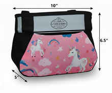 Load image into Gallery viewer, Tote &amp; Kari Kids Bike Basket with Cup Holder ∣ Waterproof &amp; Durable Accessories ∣ Children&#39;s Front Handlebar Bag ∣ Rugged Zipper Pocket, Fits Girls, Boys, Kids &amp; Adult Bicycles &amp; Scooters Unicorn, Space, Axolotl, Paris Patterns

