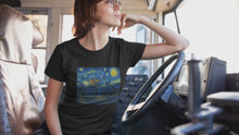 Load and play video in Gallery viewer, Starry Ride, Vintage Cruiser Bike T-Shirt Van Gogh Inspired Night Sky Art Tee Vintage Art, Cycling, Gift for Art Lovers, Perfect for Summer
