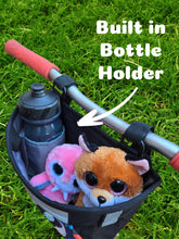 Load image into Gallery viewer, Tote &amp; Kari Kids Bike Basket with Cup Holder ∣ Waterproof &amp; Durable Accessories ∣ Children&#39;s Front Handlebar Bag ∣ Rugged Zipper Pocket, Fits Girls, Boys, Kids &amp; Adult Bicycles &amp; Scooters Unicorn, Space, Axolotl, Paris Patterns
