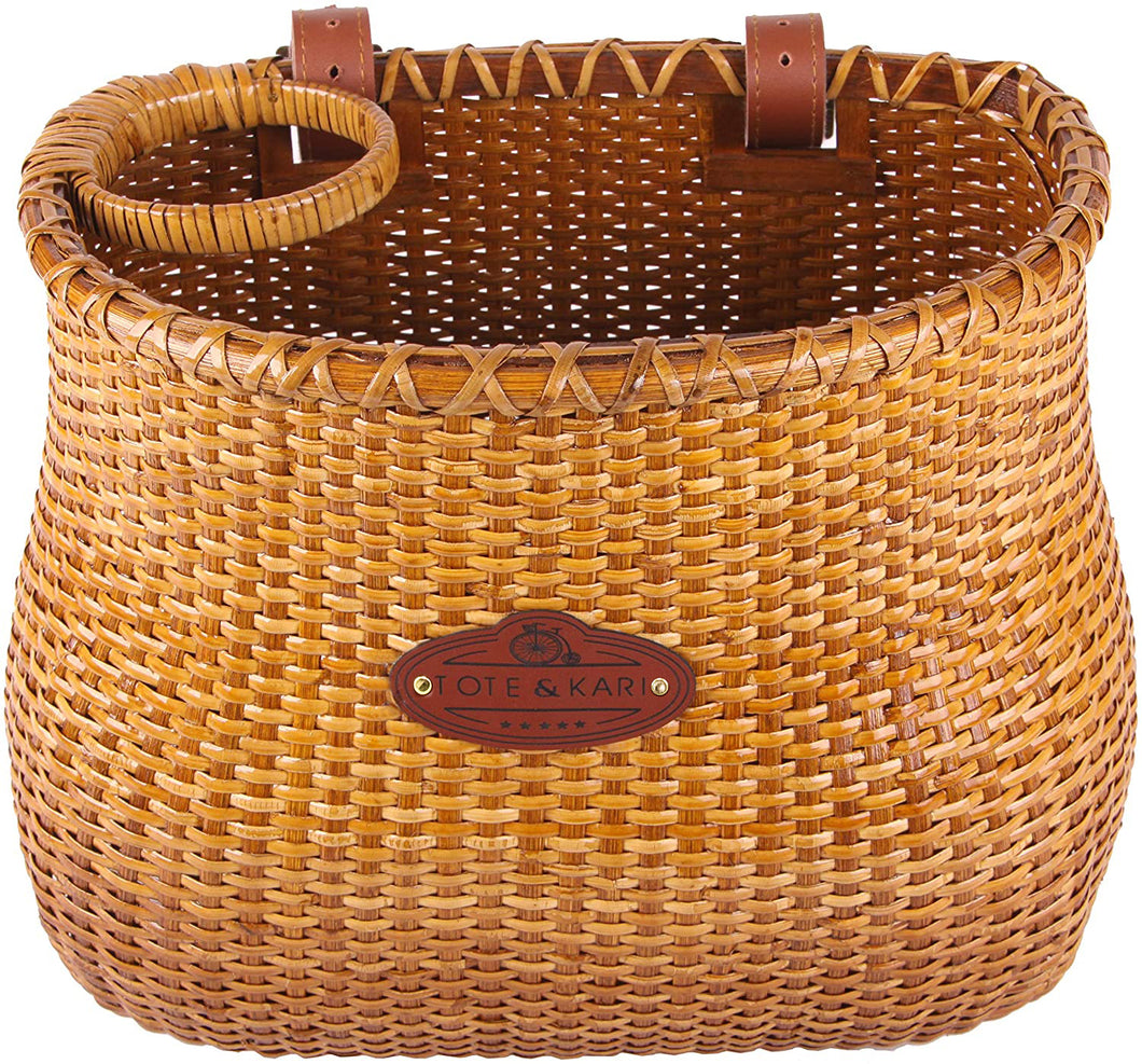Tote & Kari Bicycle Basket Made for Front Handlebar of Adult Beach Cruiser Bike it has a Cup Holder -Classic Vintage Style Handmade Natural Woven Rattan Wicker Also fits Scooter Quick Detachable. - Tote & Kari 
