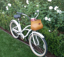 Load image into Gallery viewer, Tote &amp; Kari Bicycle Basket Made for Front Handlebar of Adult Beach Cruiser Bike it has a Cup Holder -Classic Vintage Style Handmade Natural Woven Rattan Wicker Also fits Scooter Quick Detachable. - Tote &amp; Kari 
